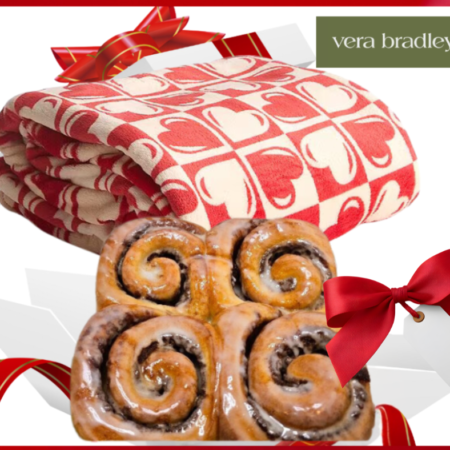 Vera Bradley "Graphic Heart" Plush Throw Blanket and Traditional Glaze Cinnamon Rolls Valentine Gift Set